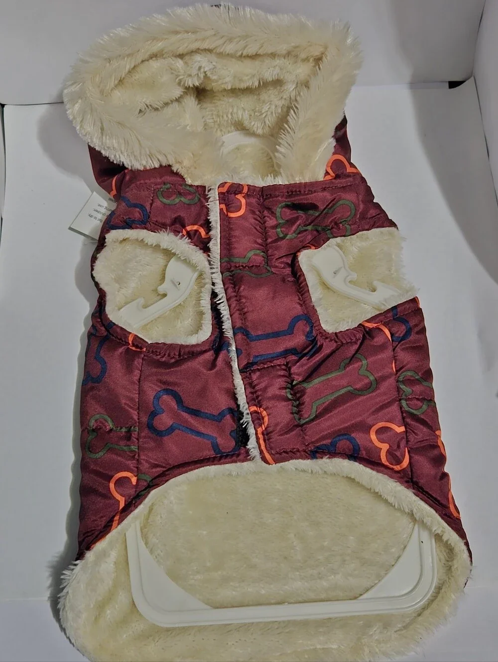 Pet Winter Sailor Parka Dog Coat Burgundy Bone Print Fleece Lined Hood Small NWT